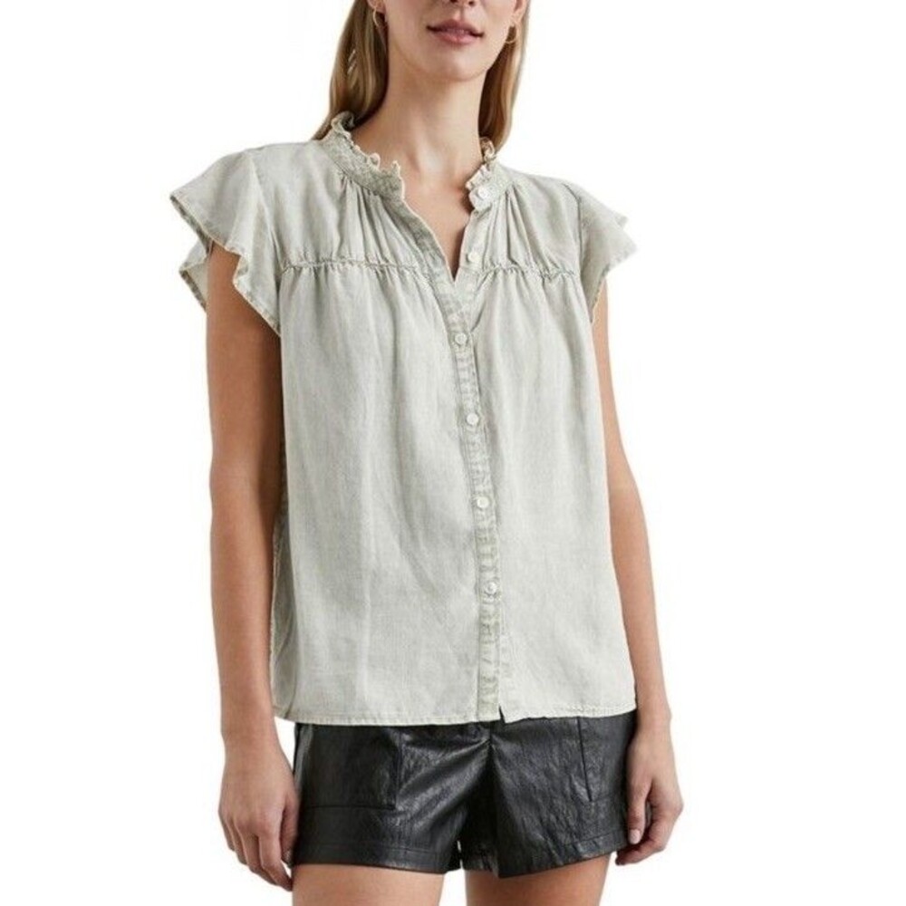 Rails Ruffle Blouse Womens M Sage Acid Wash Ruthie Cap sleeve Peasant Boho Top